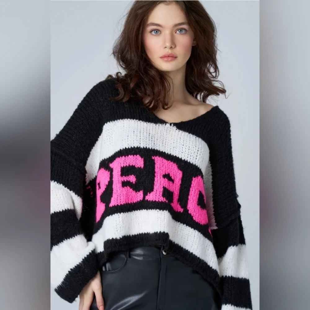 Astrid Black and White Striped Sweater with Pink Peace Lettering - Picture 1 of 4
